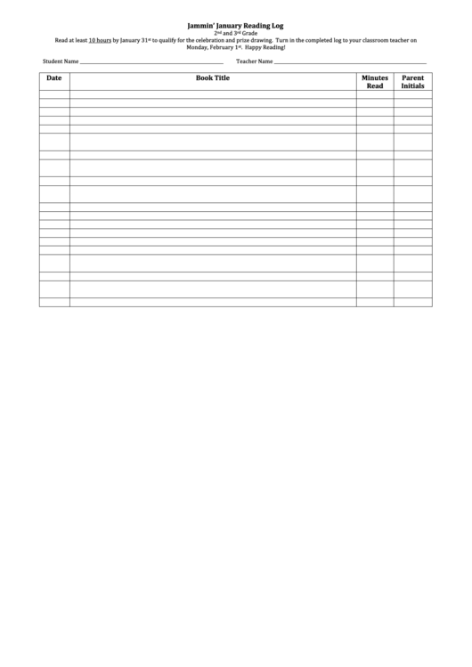 2nd And 3rd Grade January Reading Log Template Printable Pdf Download