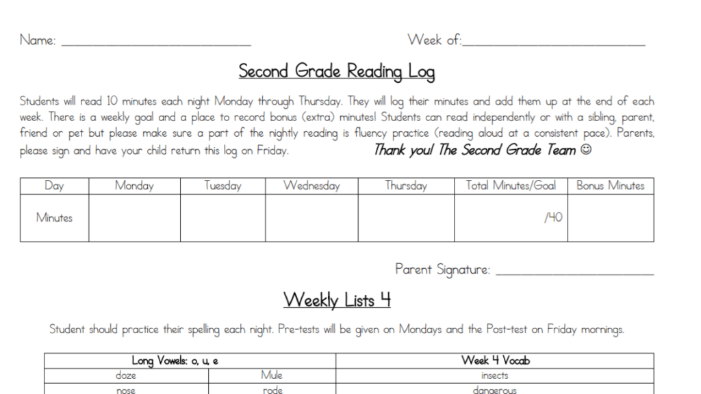 2nd Grade Reading Log January Template