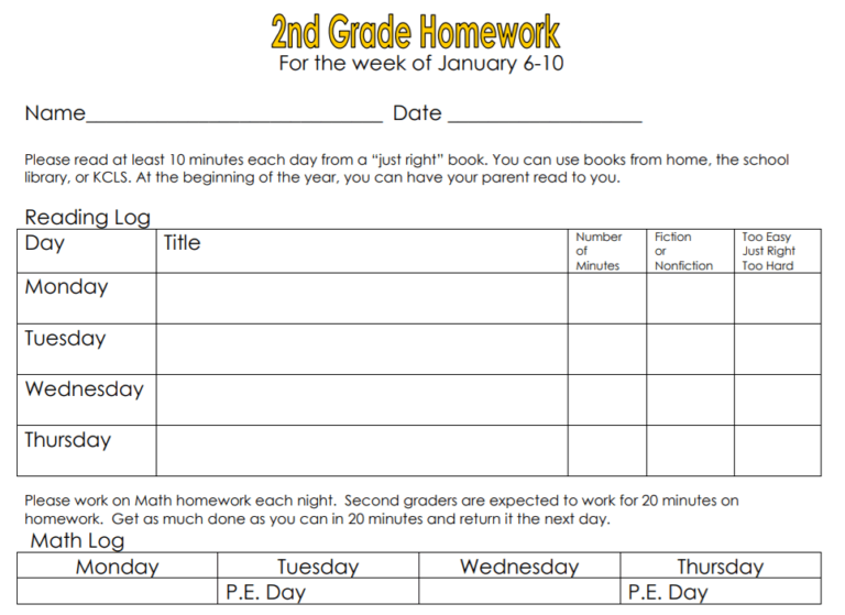 2nd Grade Reading Log January Template