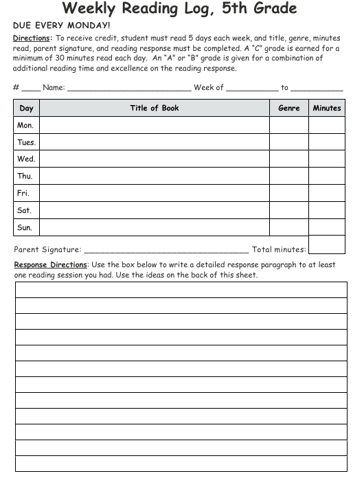 5th Grade Weekly Reading Log Template Download Printable PDF 