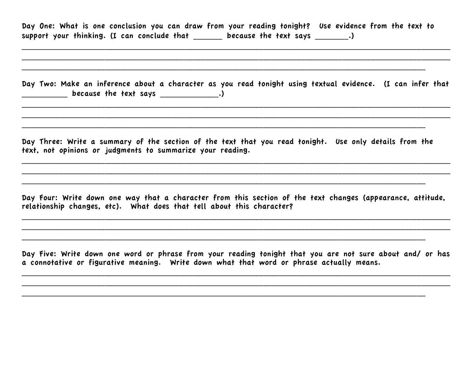 6th Grade Interactive Reading Logs That Include A Focus Question For 