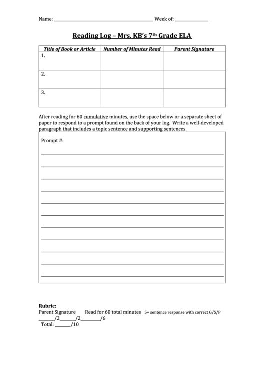 7th Grade Reading Log Printable Pdf Download