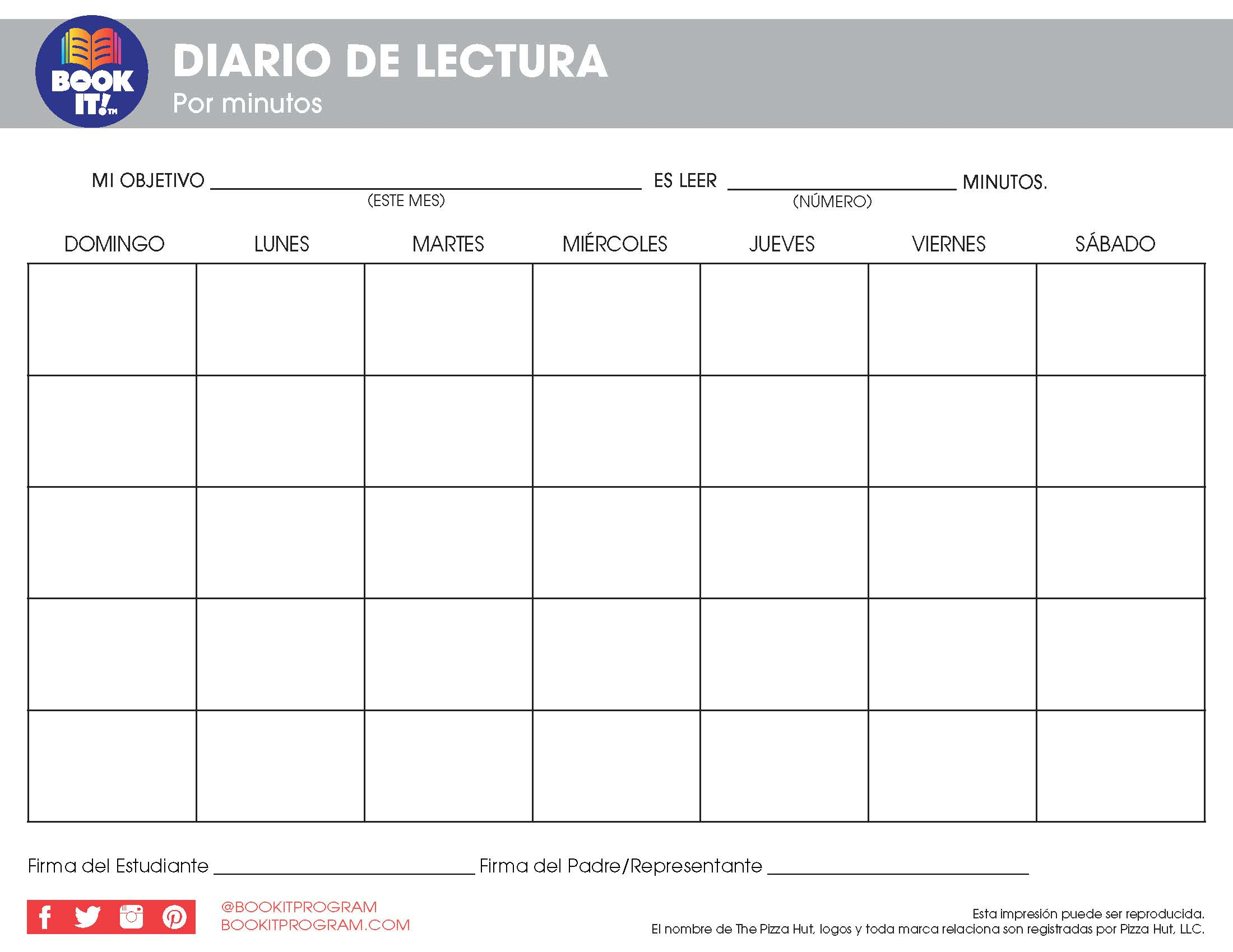 Blank Monthly Reading Log Spanish The Pizza Hut BOOK IT Program