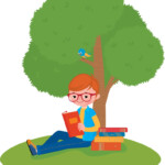 Boy Reading A Book Sitting Under A Tree Royalty Free Vector Image