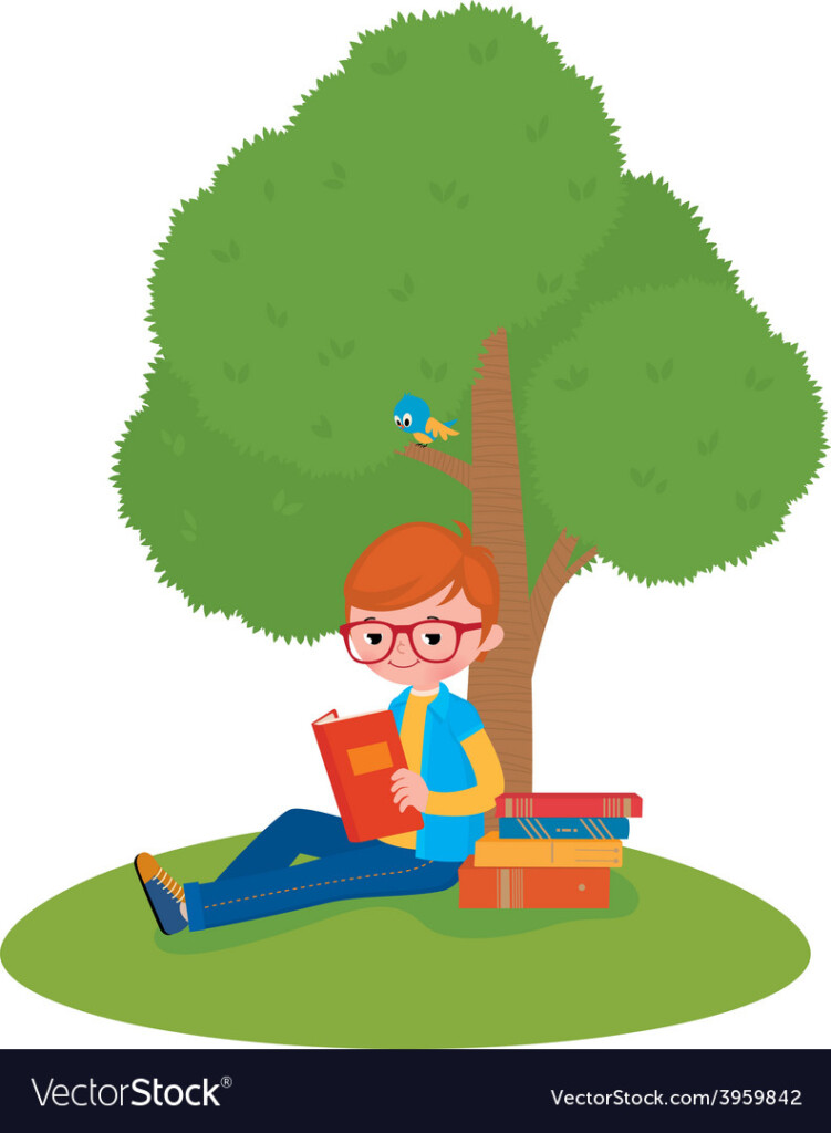 Boy Reading A Book Sitting Under A Tree Royalty Free Vector Image 