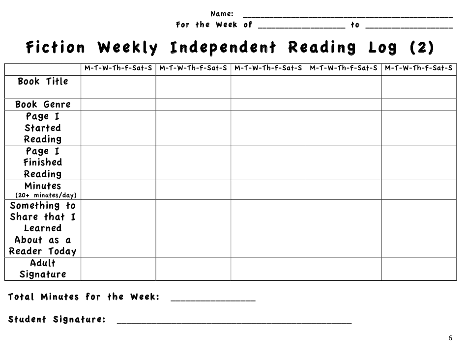 Fiction Weekly Independent Reading Log Download Printable PDF 