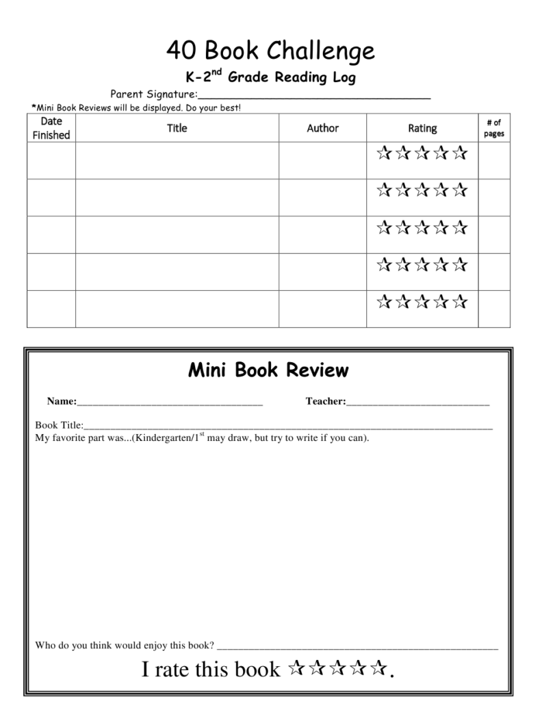K 2nd Grade Reading Log Template 40 Book Challenge Download Printable 