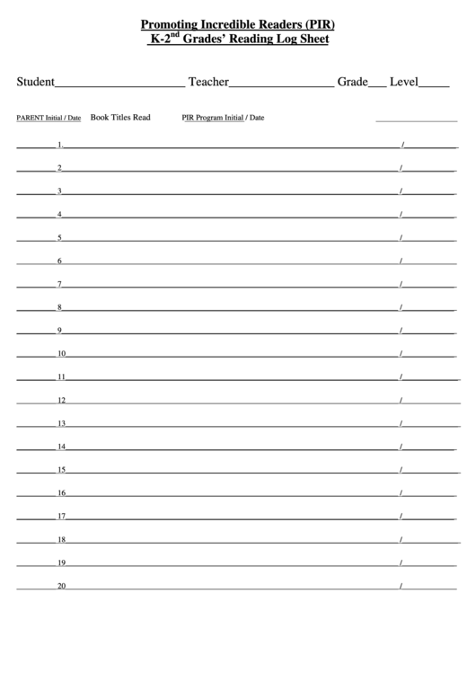 K 2nd Grades Reading Log Sheet Printable Pdf Download