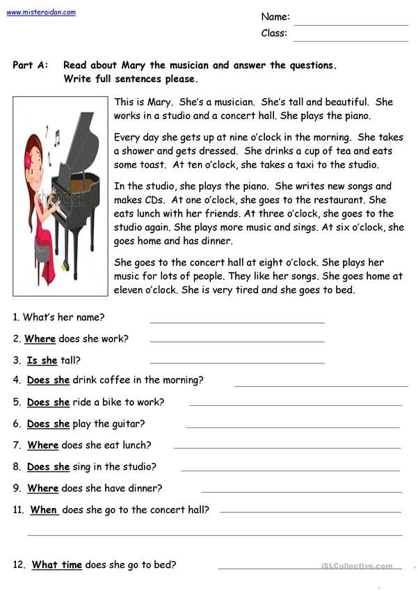 Mary The Musician Simple Reading Comprehension Reading Skills 
