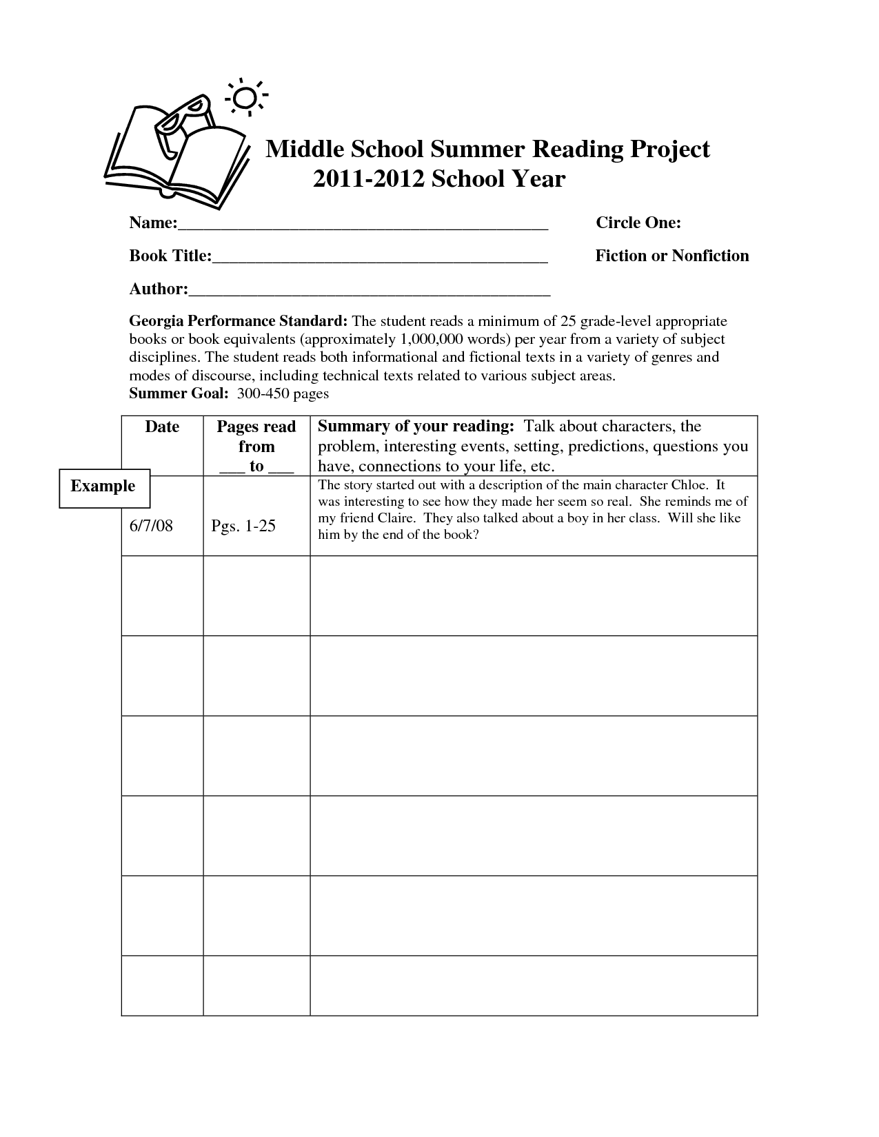 Reading Log For Middle School Google Search 6th Grade Reading 