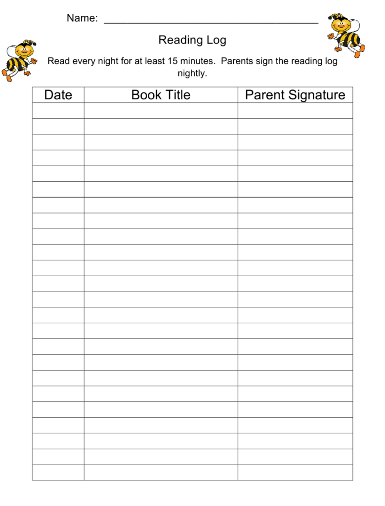 Reading Log Template With Parent Signature Download Printable PDF 