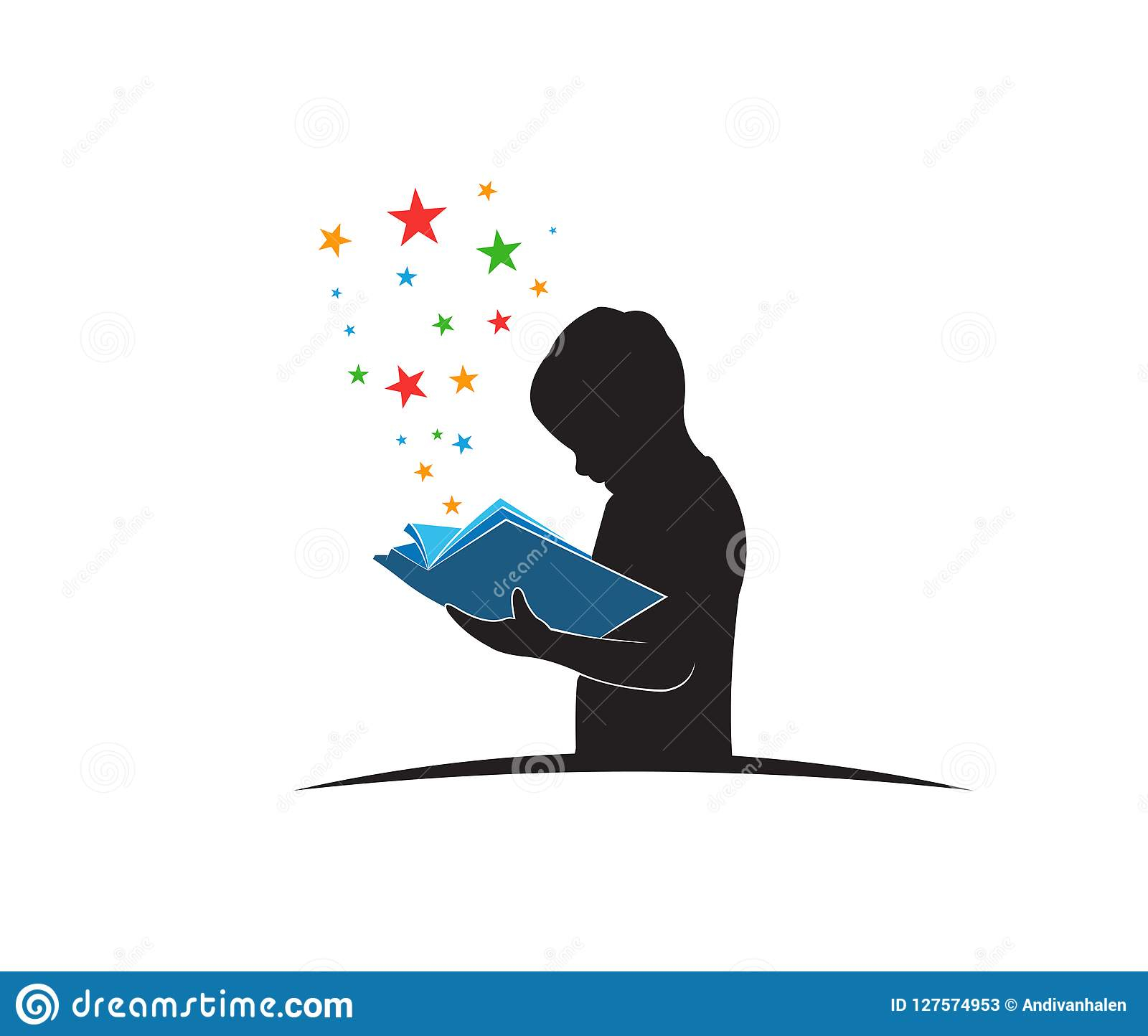 Smart Kid Learning By Reading Book While Standing Vector Logo 