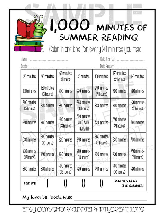 Summer Reading Chart 1000 Minute Challenge Reading Log Summer 