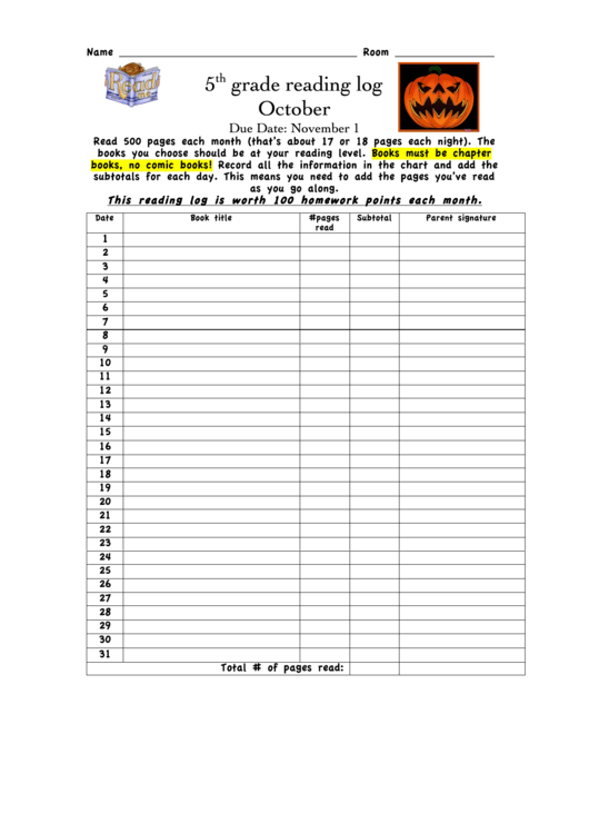 Top 20 5th Grade Reading Log Free To Download In PDF Format