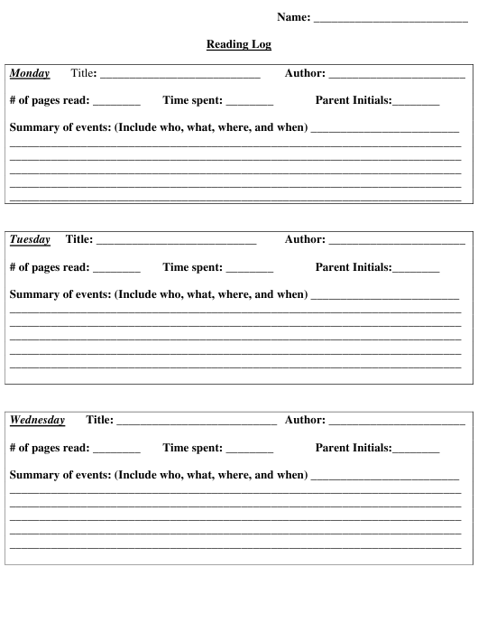 Weekly Reading Log Template With Summary Download Printable PDF