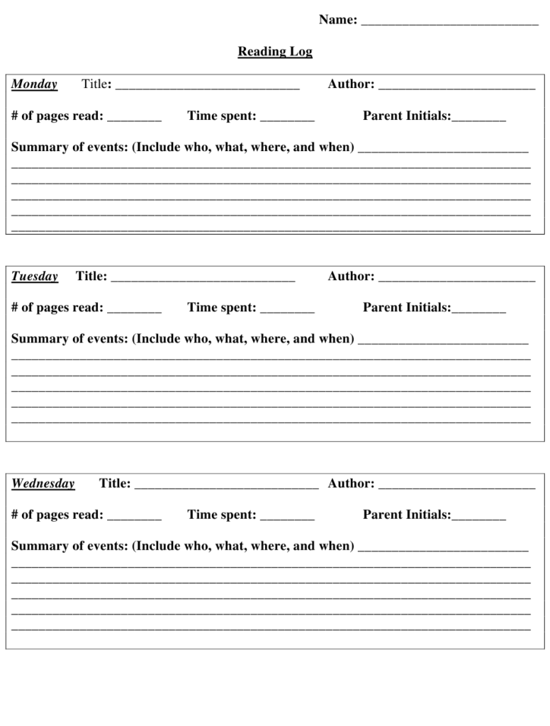 Weekly Reading Log Template With Summary Download Printable PDF 