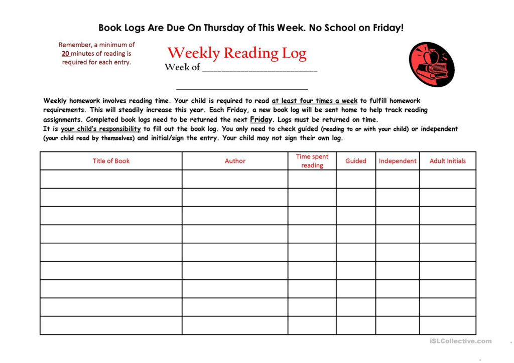 Weekly Reading Log Worksheet Free ESL Printable Worksheets Made By 