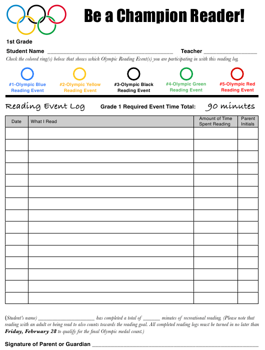 1st Grade Reading Olympics Event Log Template Download Printable PDF 