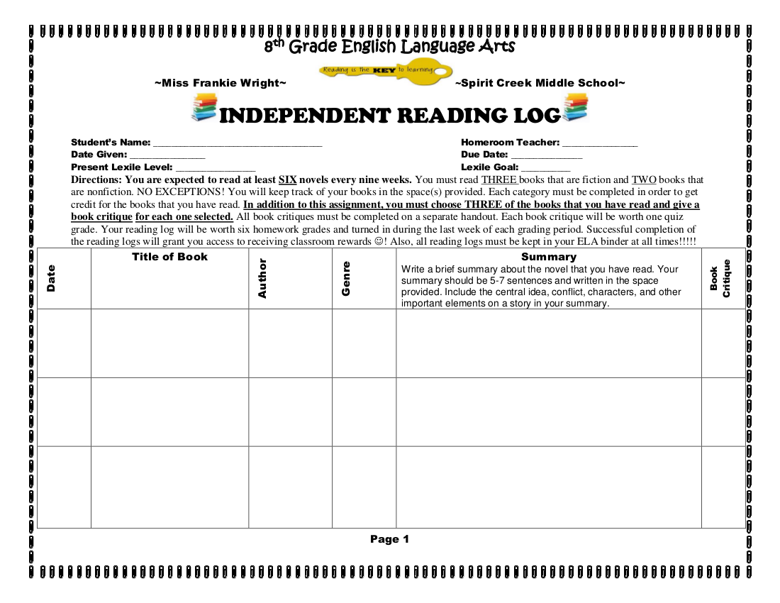 Independent Reading Log With Questions Printable 2024 Reading Log