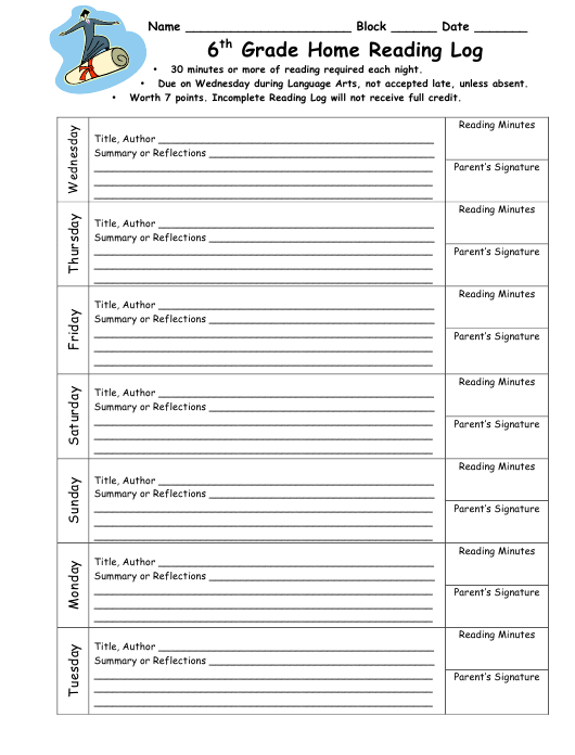 6th Grade Home Reading Log Download Printable PDF Templateroller