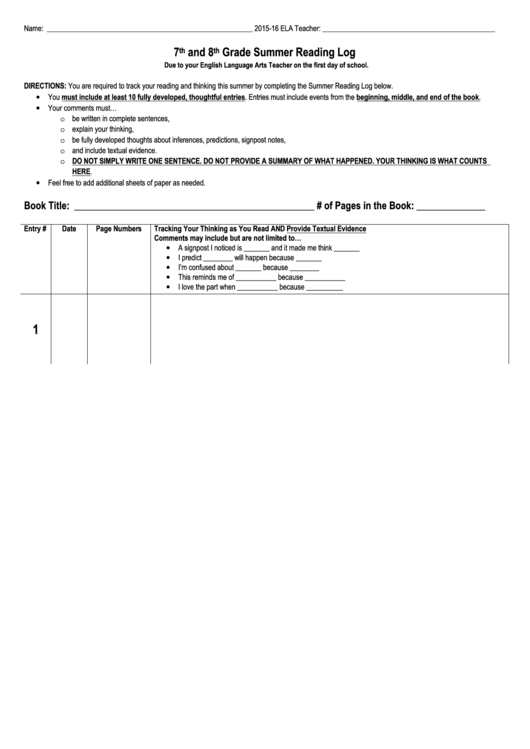 7th And 8th Grade Summer Reading Log Template Printable Pdf Download