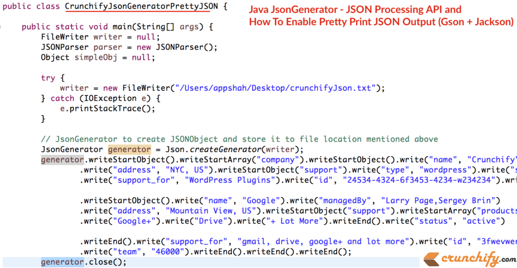 Java JsonGenerator JSON Processing API And How To Enable Pretty Print 