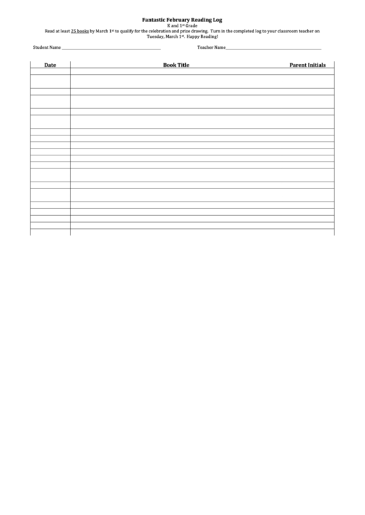 K And 1st Grade February Reading Log Template Printable Pdf Download