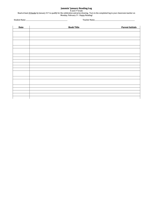 K And 1st Grade January Reading Log Template Printable Pdf Download