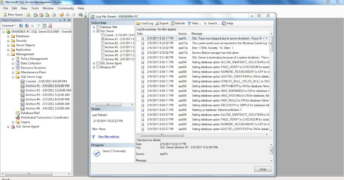 Learning SQL Basics SQL Server 2008 Tools Log File Viewer