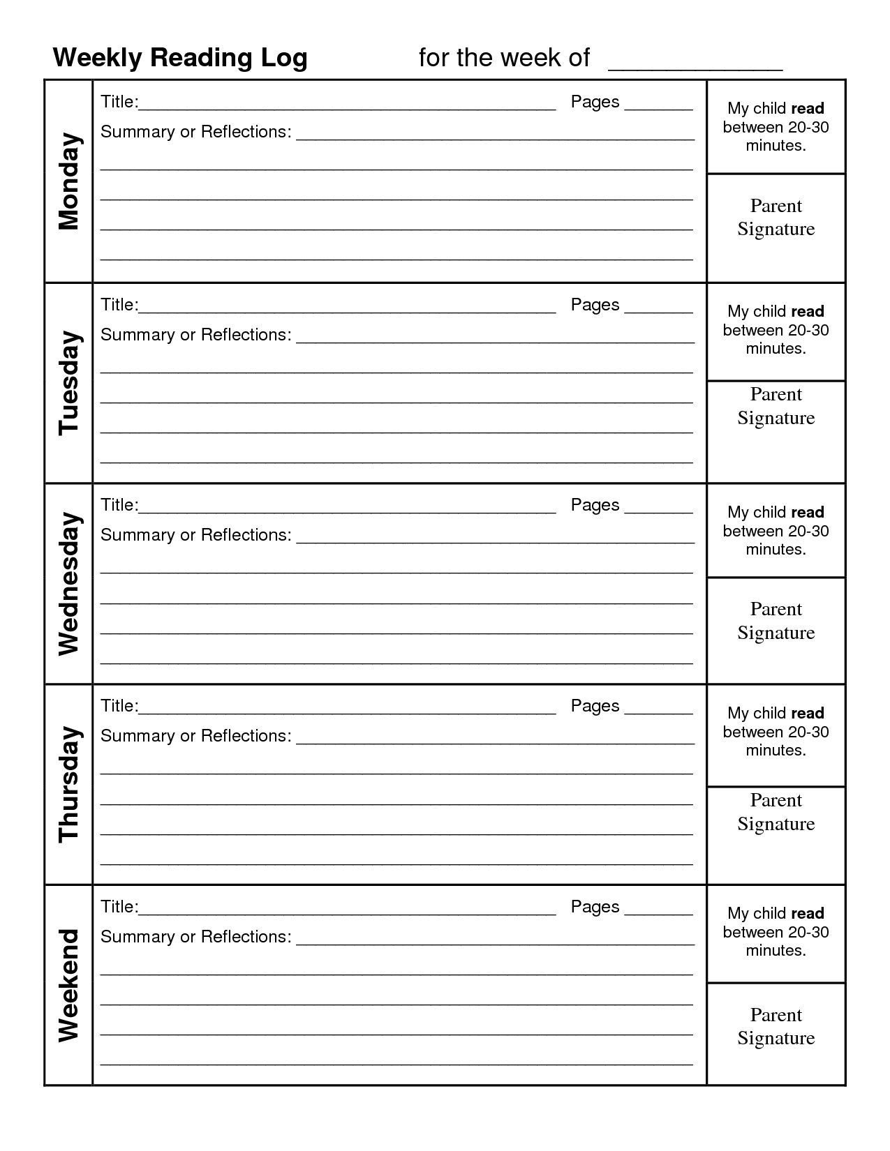 Log Reading Printable Weekly Calendar Weekly Reading Log Download 