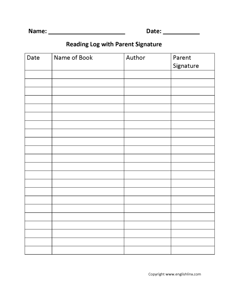 Reading Log Parent Signature Reading Log Printable Reading Log 