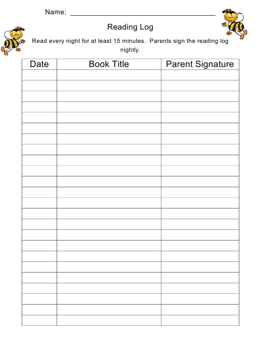 Reading Log Template With Parent Signature Download Printable PDF 