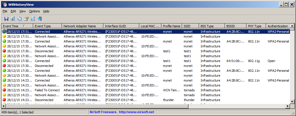 WifiHistoryView Displays History Of Connections To Wireless Networks 