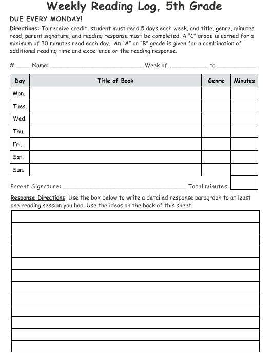 5th Grade Weekly Reading Log Template Download Printable PDF