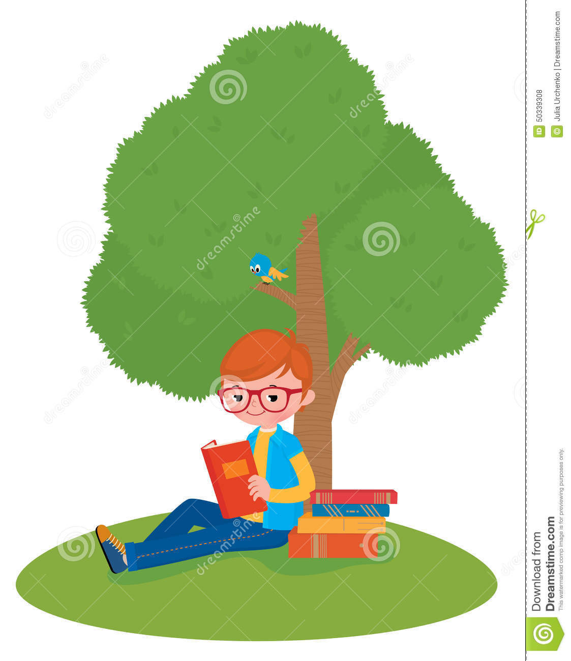 Boy Reading A Book Sitting Under A Tree Stock Vector Image 50339308