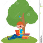 Boy Reading A Book Sitting Under A Tree Stock Vector Image 50339308