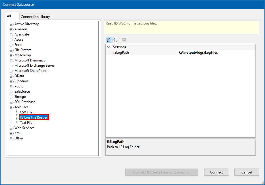 Connection Details For The IIS Log File Reader