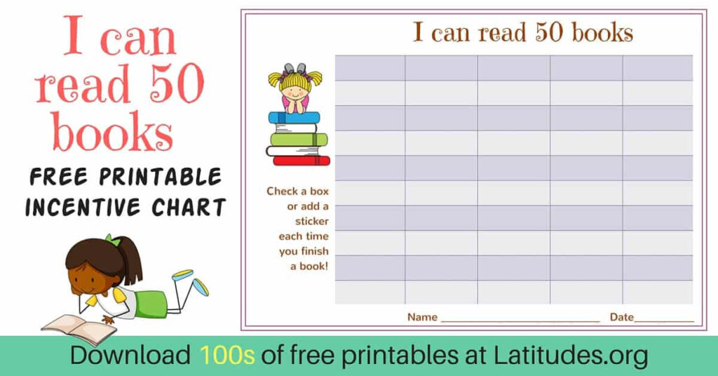 FREE Reading Incentive Chart Read 50 Books Cute Girls ACN Latitudes