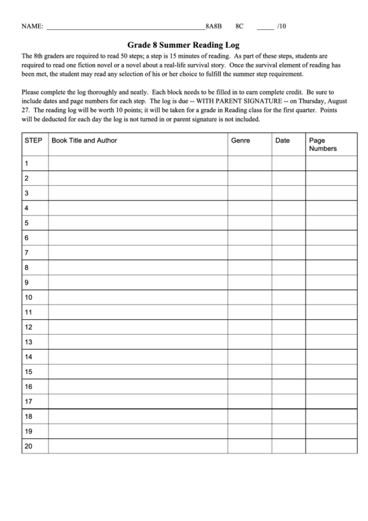 Grade 8 Summer Reading Log Printable Pdf Download