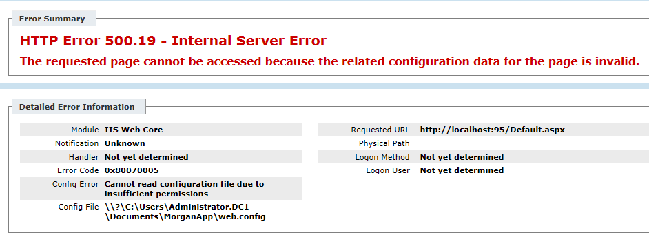 HTTP Error 500 19 Internal Server Error 0x80070005