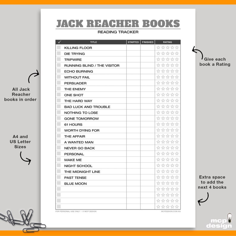 Jack Reacher Books Book Reading Tracker Book Reading Log Etsy