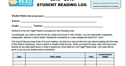 Mrs Endorf s 4th Grade Class Read To Succeed Six Flags Reading Log Form