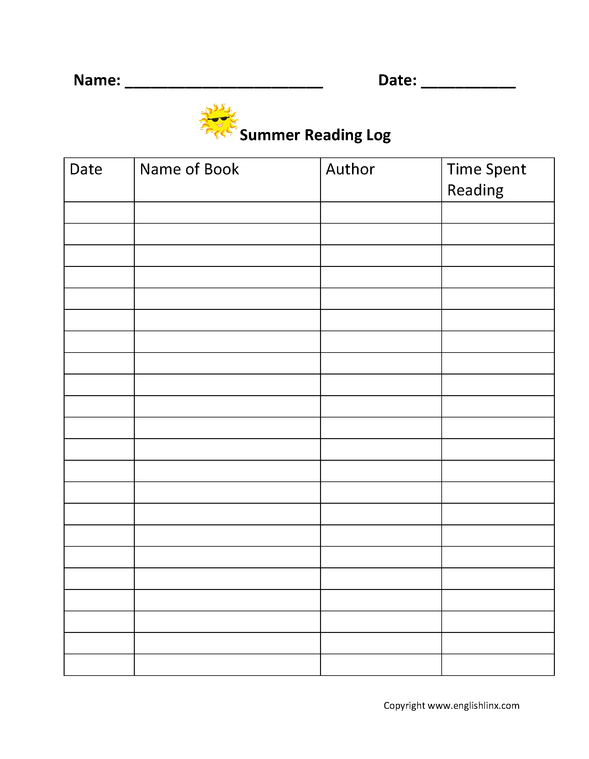 Printable Reading Log 4th Grade Template Calendar Design