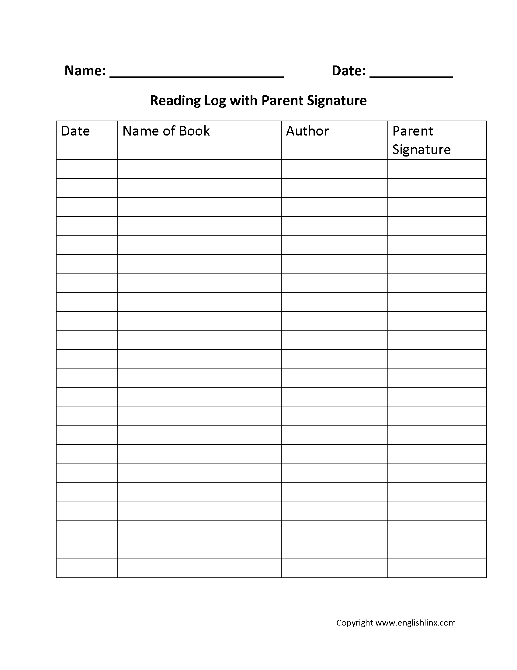 Reading Logs Reading Log Parent Signature