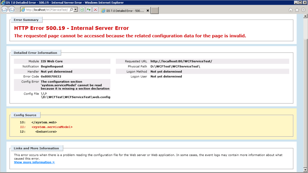 WCF IIS HTTP Error 500 19 Internal Server Error Code 0x80070032