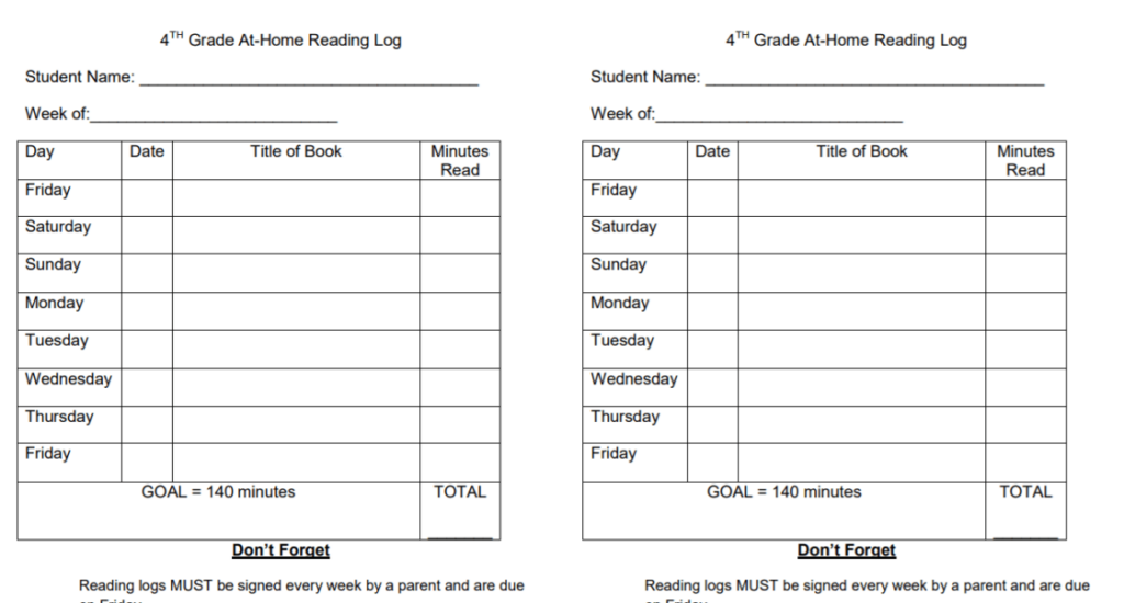 4th Grade At Home Reading Log Template