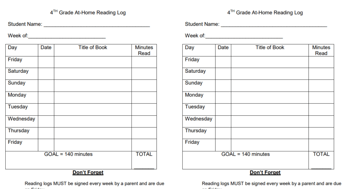 4th Grade At Home Reading Log Template