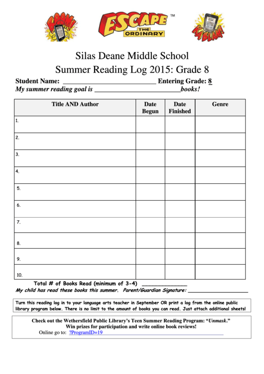 8th Grade Middle School Summer Reading Log Template Printable Pdf Download