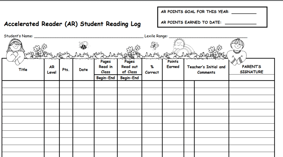 Accelerated Reader Ar Student Reading Log Template