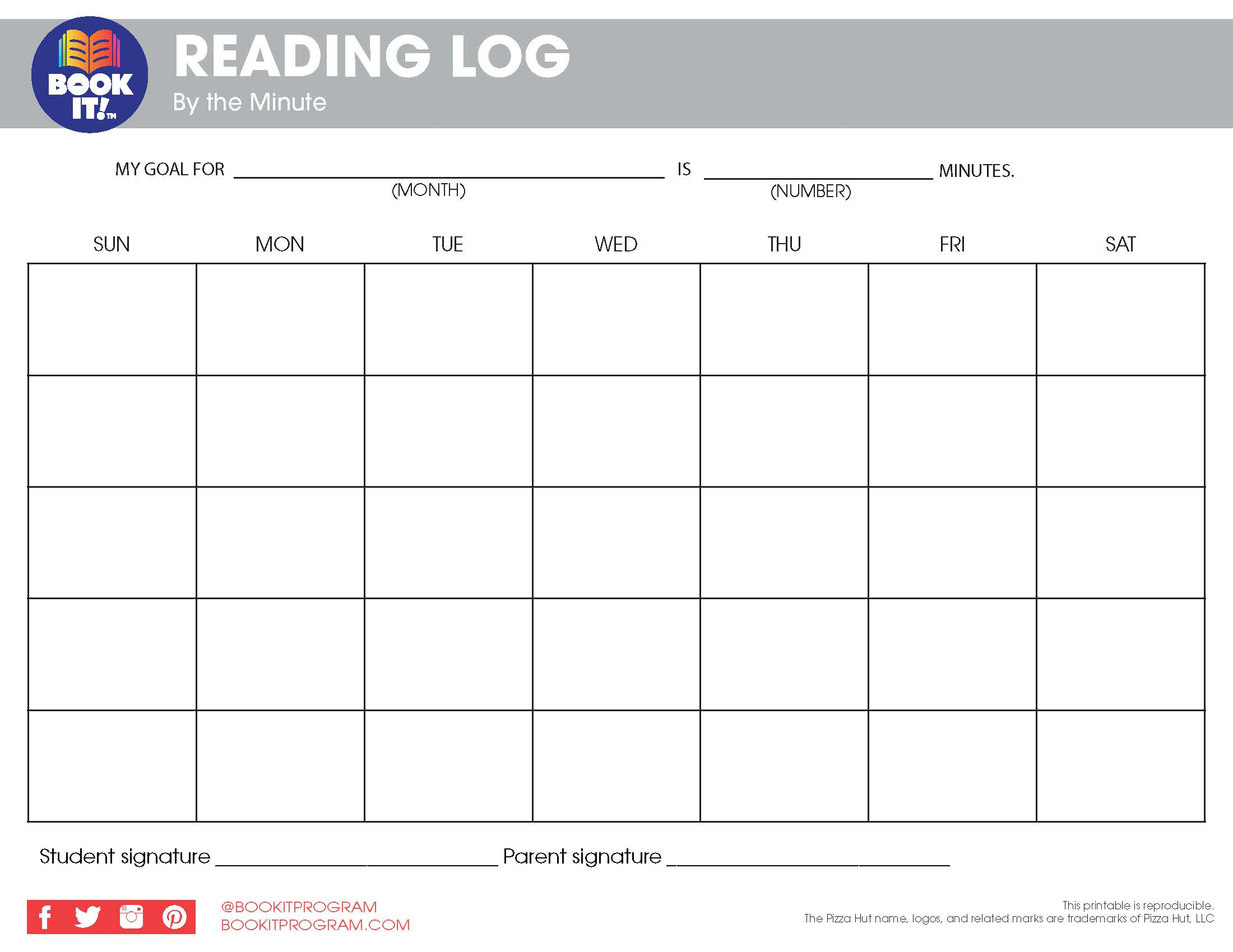 Blank Monthly Reading Log The Pizza Hut BOOK IT Program